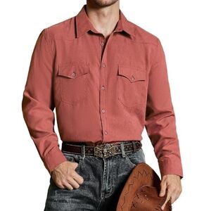 Cowboy Button Up Shirt Long Sleeve with Two Pockets Red
